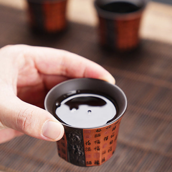 Buddha Stones Piccola Tazza da tè in ceramica viola con carattere Fu Tazza da tè Kung Fu 50 ml