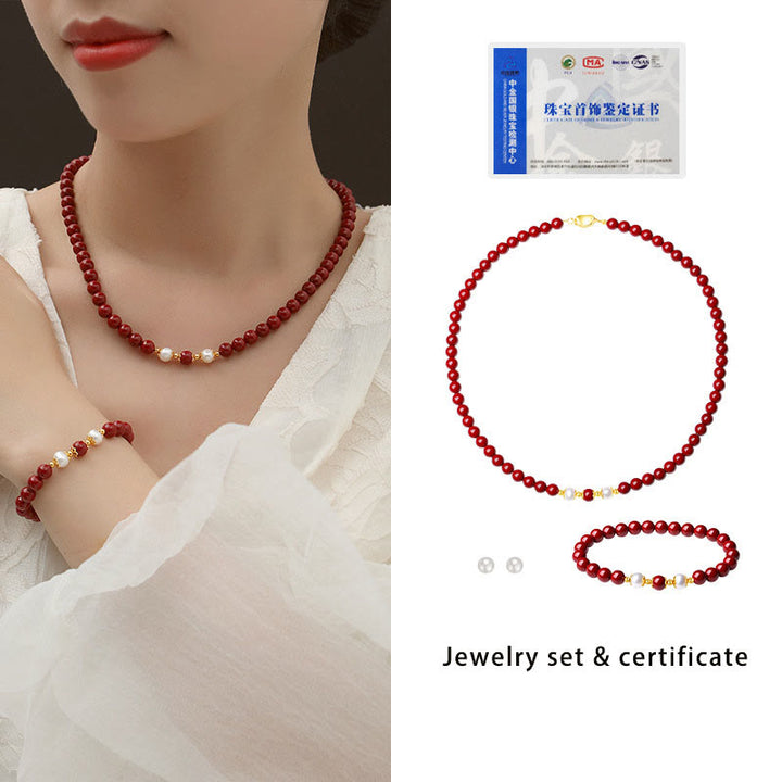 Buddha Stones 925 Sterling Silver Natural Cinnabar Pearl Blessing Collana Ciondolo Bracciale Orecchini Gioielli Set - image 7