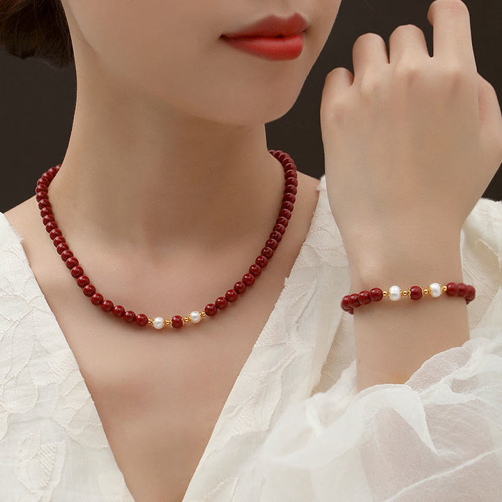 Buddha Stones 925 Sterling Silver Natural Cinnabar Pearl Blessing Collana Ciondolo Bracciale Orecchini Gioielli Set - image 6