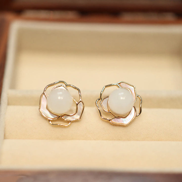 Buddha Stones 925 Argento Sterling Placcato Oro Post Hetian Giada Bianca Pietra Tridacna Camelia Fiore Fortuna Collana Pendente Anello Orecchini