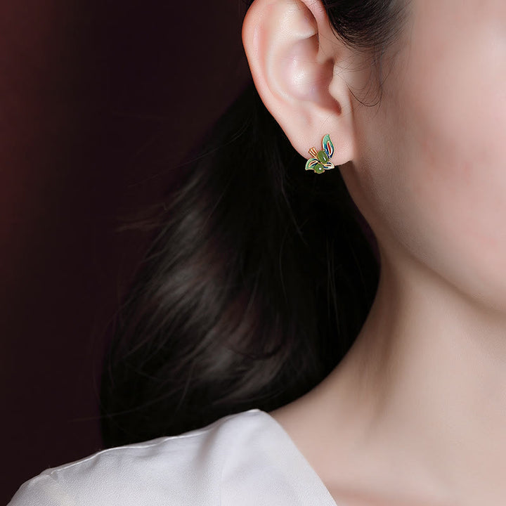 Orecchini Buddha Stones in argento sterling 925 placcati in oro con farfalla in giada ciano naturale e guarigione della fortuna