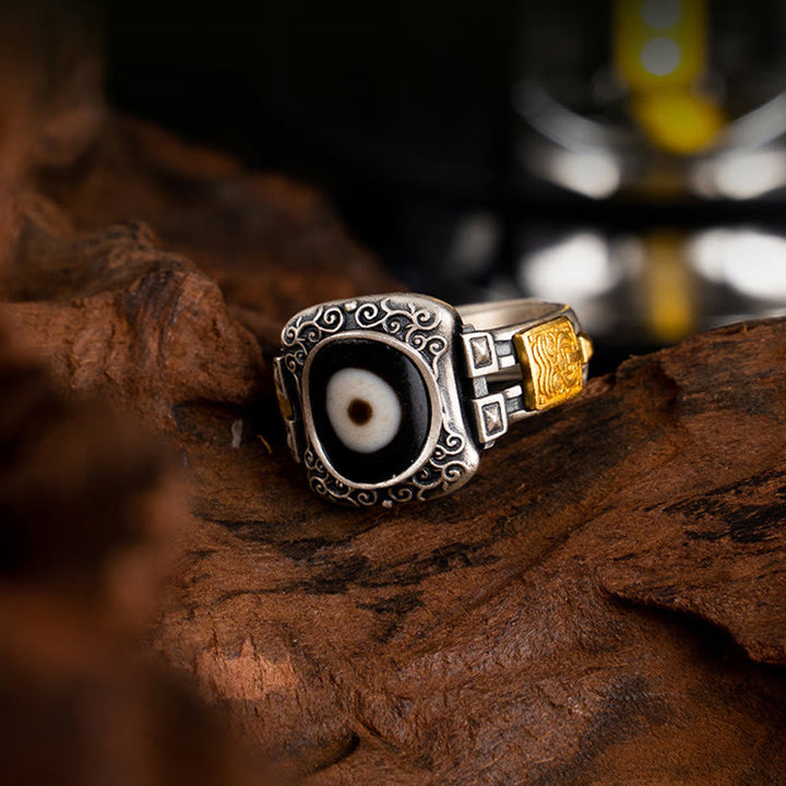 Anello di protezione con Buddha Stones Dzi in argento sterling 925 con design Zakiram della dea della ricchezza