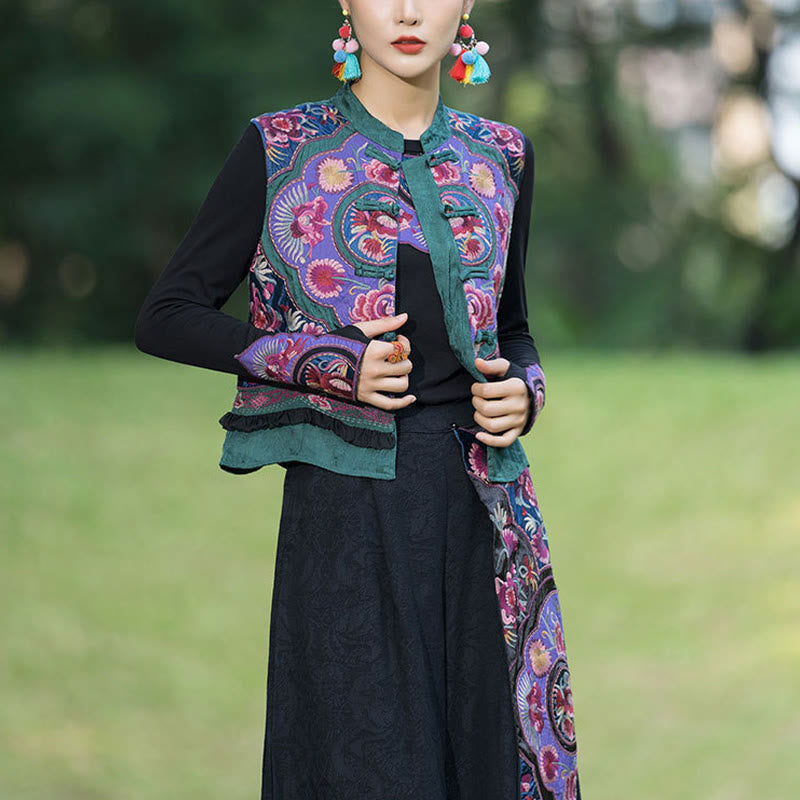 Buddha Stones Rana-Bottone Ricamo Fiori Cotone Lino Tang Suit Design Gilet Senza Maniche - image 2