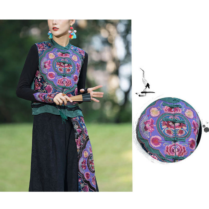 Buddha Stones Rana-Bottone Ricamo Fiori Cotone Lino Tang Suit Design Gilet Senza Maniche - image 9