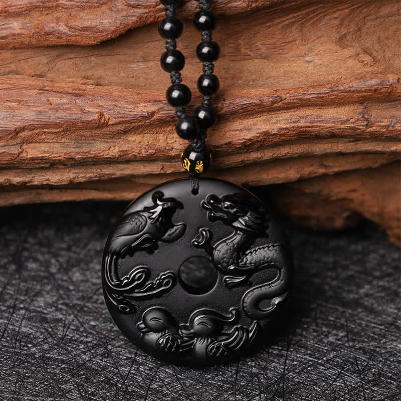 Buddha Stones Ossidiana nera Drago Fenice Mandarino Anatra Fortuna Protezione Collana Pendente