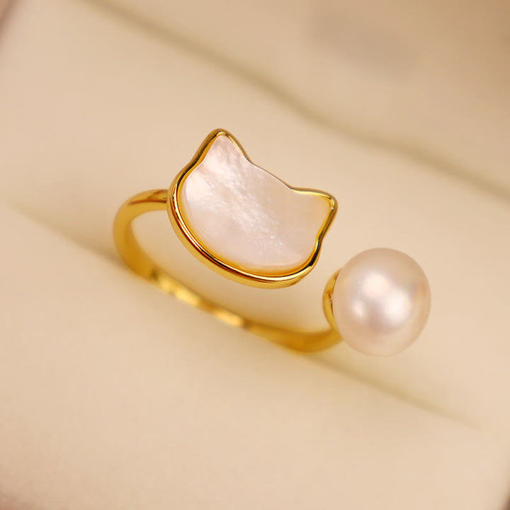 Buddha Stones Perla naturale Rame Gatto Guarigione Collana Ciondolo Orecchini - Anello bianco (regolabile) - image 9