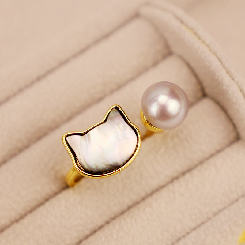 Buddha Stones Perla naturale Rame Gatto Guarigione Collana Ciondolo Orecchini - Anello nero (regolabile) - image 2