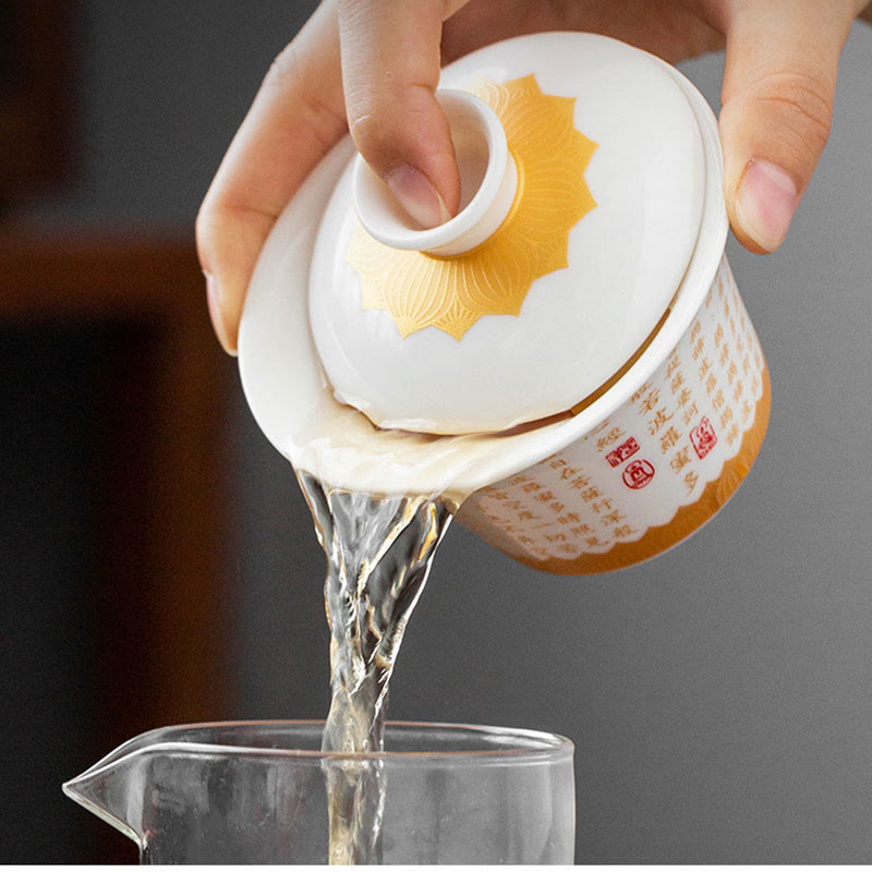 Buddha Stones Sutra del cuore buddista Piccolo carattere Fu Tazza da tè in ceramica Gaiwan Tazza da tè Kung Fu e piattino con coperchio