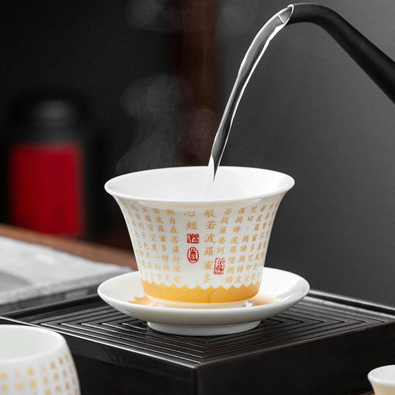 Buddha Stones Sutra del cuore buddista Piccolo carattere Fu Tazza da tè in ceramica Gaiwan Tazza da tè Kung Fu e piattino con coperchio
