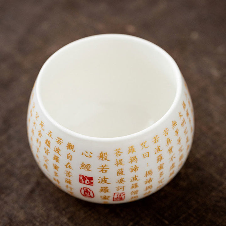 Buddha Stones Sutra del cuore buddista Piccolo carattere Fu Tazza da tè in ceramica Gaiwan Tazza da tè Kung Fu e piattino con coperchio