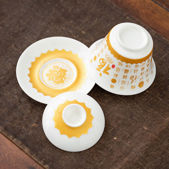 Buddha Stones Sutra del cuore buddista Piccolo carattere Fu Tazza da tè in ceramica Gaiwan Tazza da tè Kung Fu e piattino con coperchio