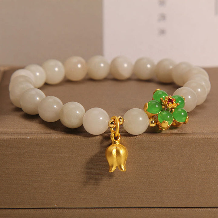 Braccialetto portafortuna con fiore di giada verde naturale Buddha Stones Mughetto