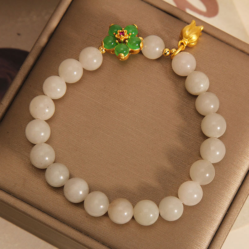 Braccialetto portafortuna con fiore di giada verde naturale Buddha Stones Mughetto