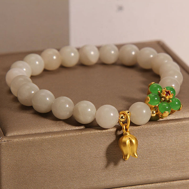 Braccialetto portafortuna con fiore di giada verde naturale Buddha Stones Mughetto