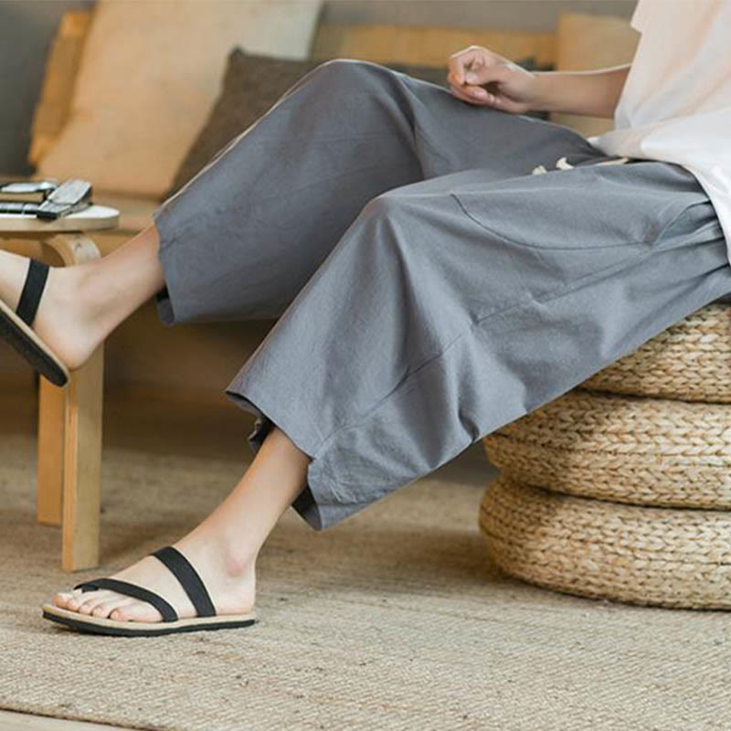 Pantaloni larghi da uomo in lino di media lunghezza con tasche e tinta unita Buddha Stones - image 32