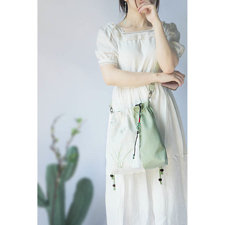 Borsa a tracolla in tela Buddha Stones, fiori di erba ricamati, fiori di ciliegio, borsa a tracolla