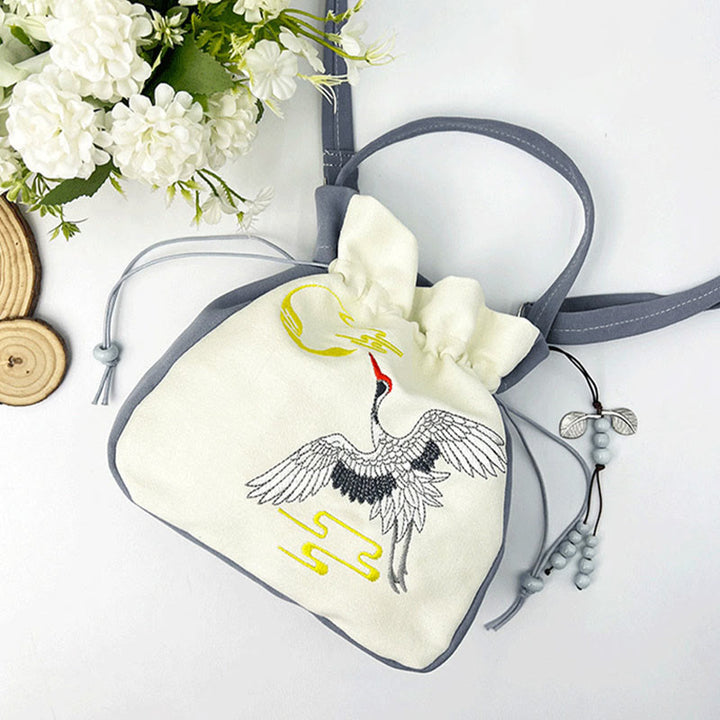 Borsa a tracolla in cotone e lino con Buddha Stones , farfalla ricamata, loto, magnolia, borsa a tracolla