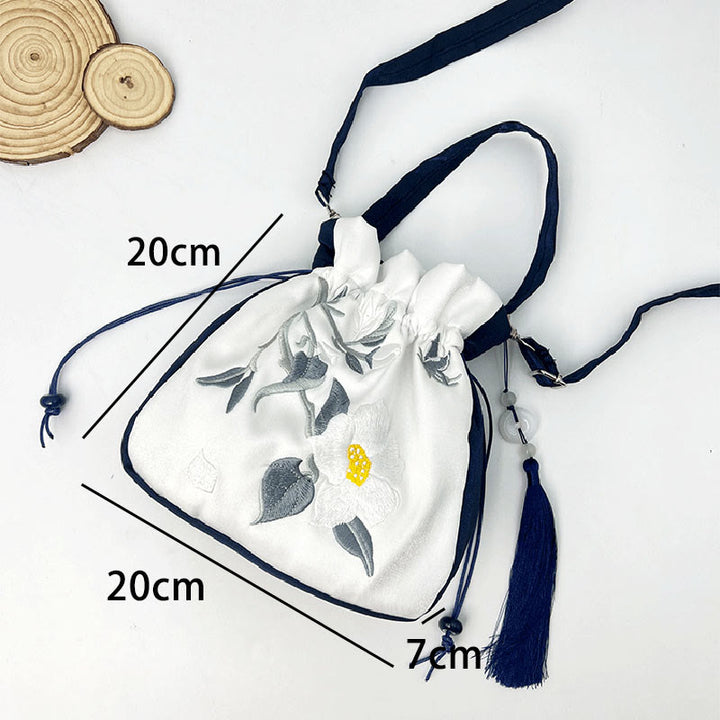 Borsa a tracolla in cotone e lino con Buddha Stones ricamate, motivo: loto, pesce Koi, gru, camelia, borsa a tracolla