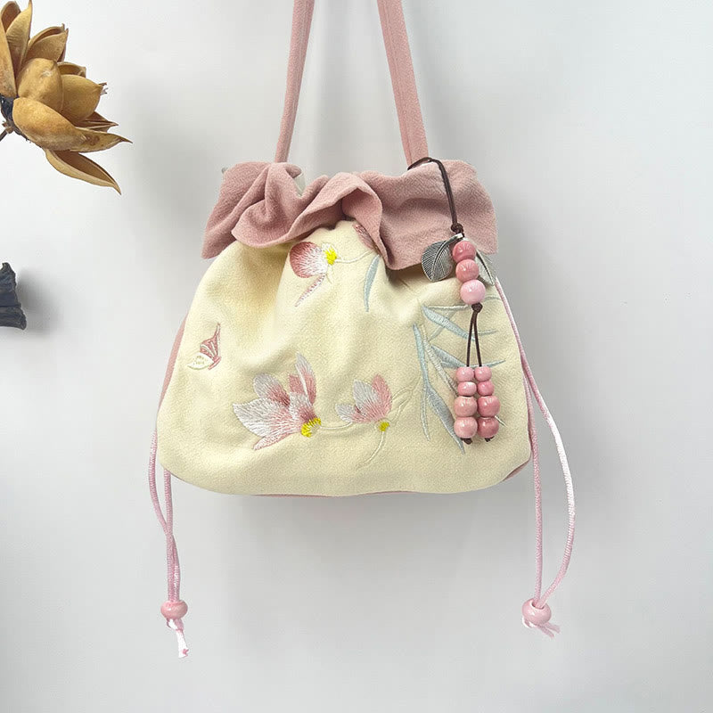 Buddha Stones Suzhou Ricamo Lotus Epiphyllum Magnolia Cotone Lino Tote Borsa A Tracolla Borsa A Mano