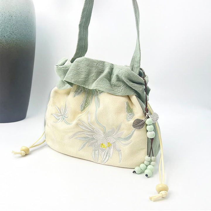 Buddha Stones Suzhou Ricamo Lotus Epiphyllum Magnolia Cotone Lino Tote Borsa A Tracolla Borsa A Mano