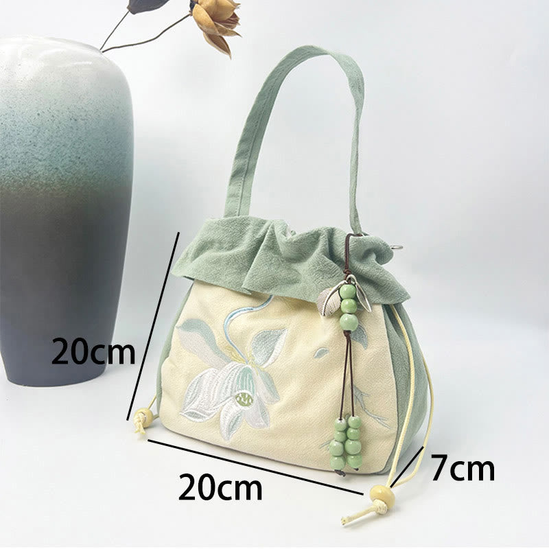 Buddha Stones Suzhou Ricamo Lotus Epiphyllum Magnolia Cotone Lino Tote Borsa A Tracolla Borsa A Mano