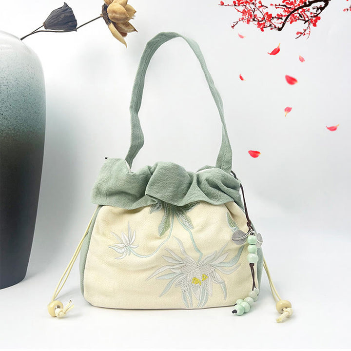 Buddha Stones Suzhou Ricamo Lotus Epiphyllum Magnolia Cotone Lino Tote Borsa A Tracolla Borsa A Mano