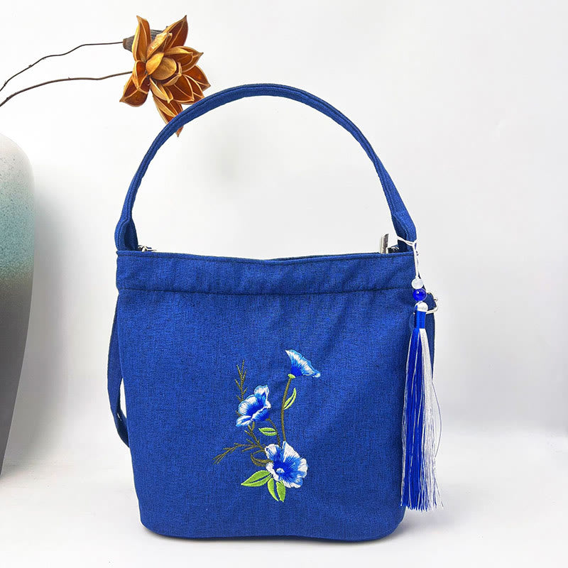 Buddha Stones Ricamo Glicine Prugna Loto Ciliegio Fiore Cotone Lino Tela Tote Borsa A Tracolla Borsa A Mano