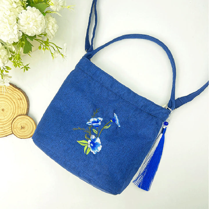 Buddha Stones Ricamo Glicine Prugna Loto Ciliegio Fiore Cotone Lino Tela Tote Borsa A Tracolla Borsa A Mano