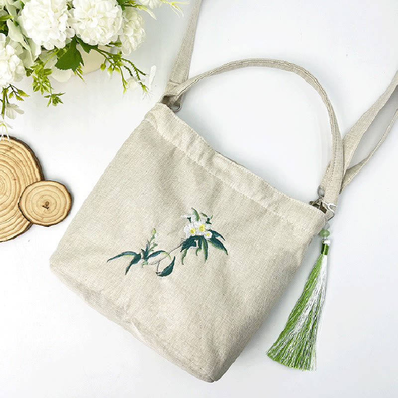 Buddha Stones Ricamo Glicine Prugna Loto Ciliegio Fiore Cotone Lino Tela Tote Borsa A Tracolla Borsa A Mano