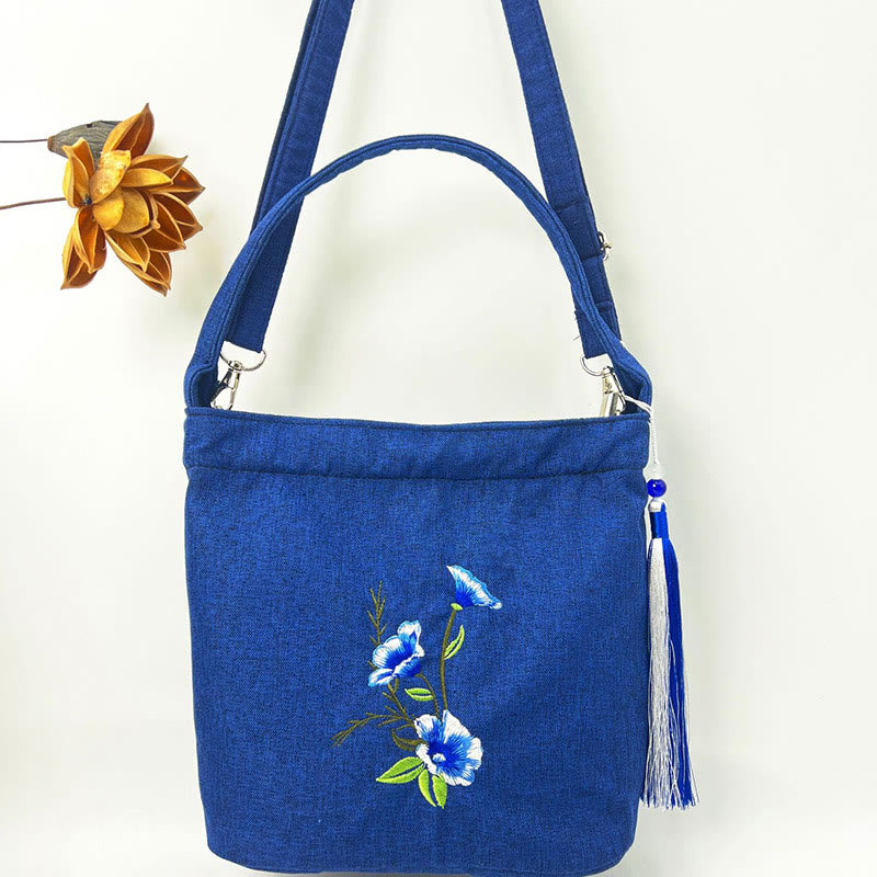 Buddha Stones Ricamo Glicine Prugna Loto Ciliegio Fiore Cotone Lino Tela Tote Borsa A Tracolla Borsa A Mano