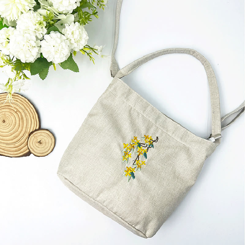 Buddha Stones Ricamo Glicine Prugna Loto Ciliegio Fiore Cotone Lino Tela Tote Borsa A Tracolla Borsa A Mano