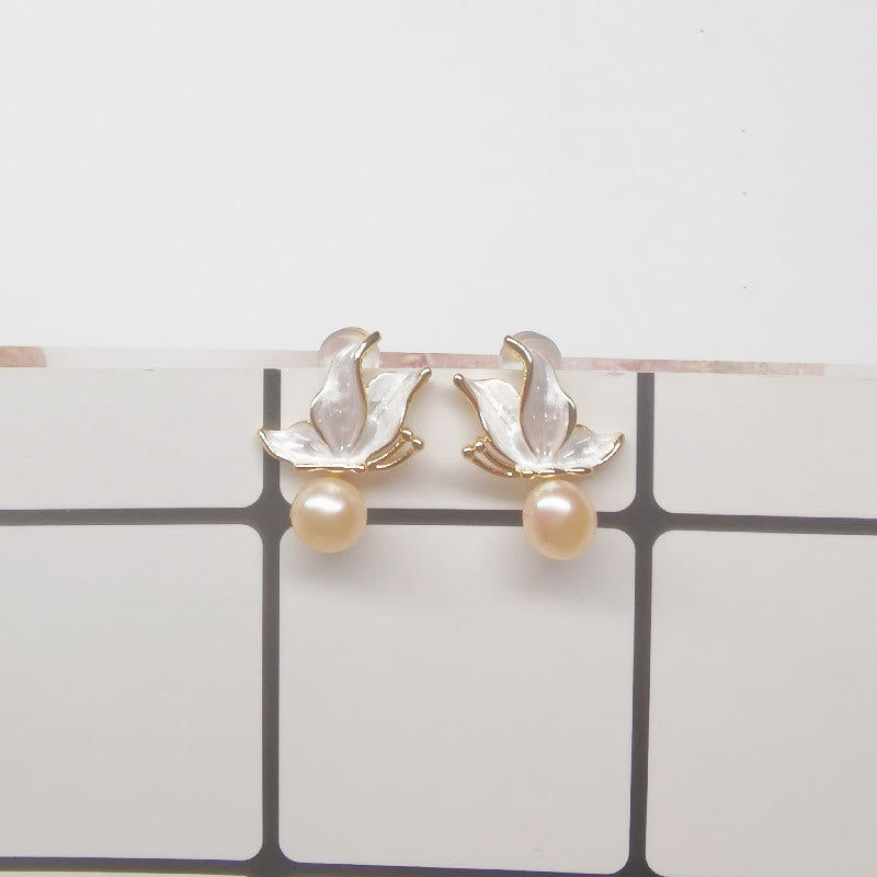 Orecchini a bottone con perle di perle naturali placcate in oro e argento sterling 925 con pietre Buddha Stones , farfalla e saggezza