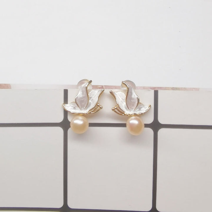 Orecchini a bottone con perle di perle naturali placcate in oro e argento sterling 925 con pietre Buddha Stones , farfalla e saggezza