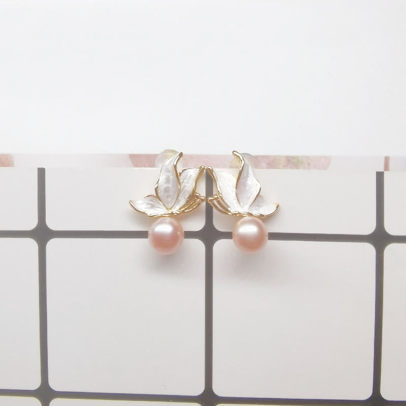 Orecchini a bottone con perle di perle naturali placcate in oro e argento sterling 925 con pietre Buddha Stones , farfalla e saggezza