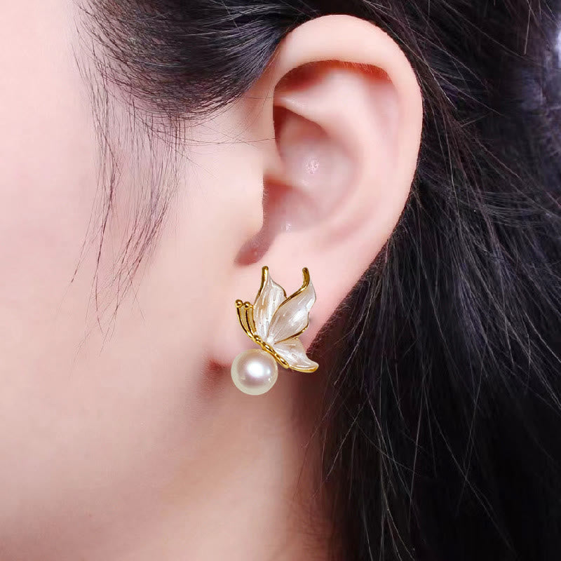 Orecchini a bottone con perle di perle naturali placcate in oro e argento sterling 925 con pietre Buddha Stones , farfalla e saggezza