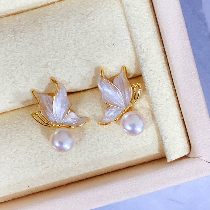 Orecchini a bottone con perle di perle naturali placcate in oro e argento sterling 925 con pietre Buddha Stones , farfalla e saggezza