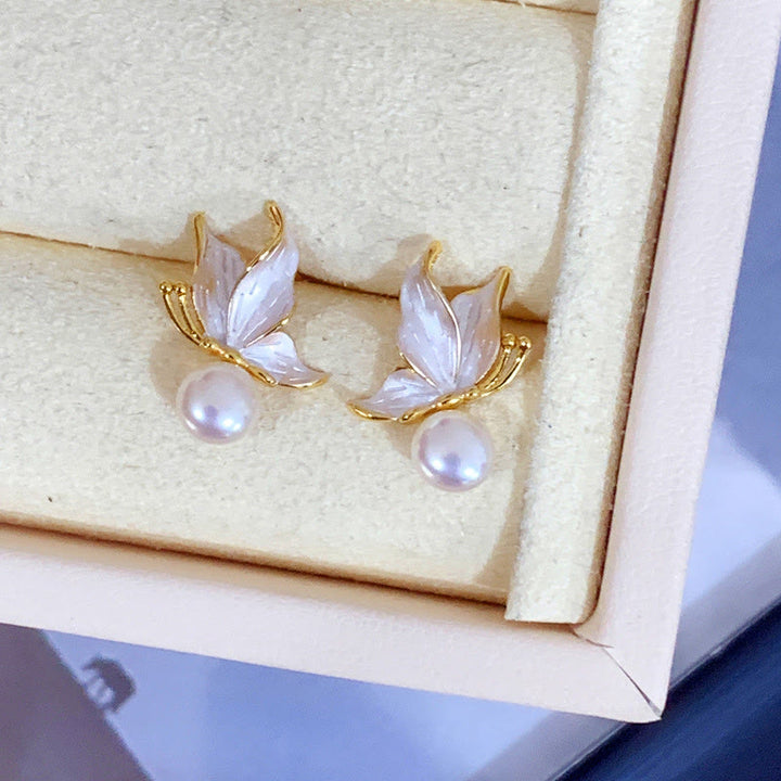 Orecchini a bottone con perle di perle naturali placcate in oro e argento sterling 925 con pietre Buddha Stones , farfalla e saggezza