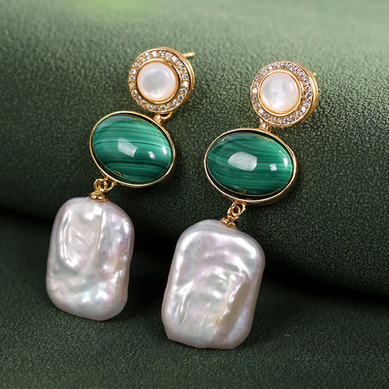 Orecchini pendenti Buddha Stones in argento sterling 925 con perle barocche naturali e malachite, saggezza curativa