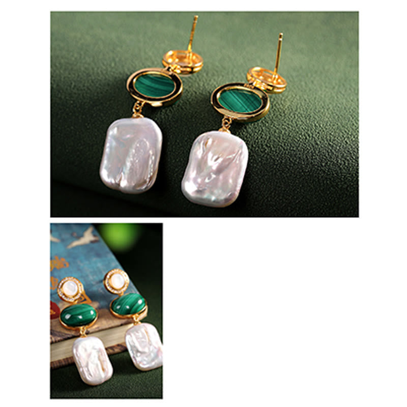 Orecchini pendenti Buddha Stones in argento sterling 925 con perle barocche naturali e malachite, saggezza curativa