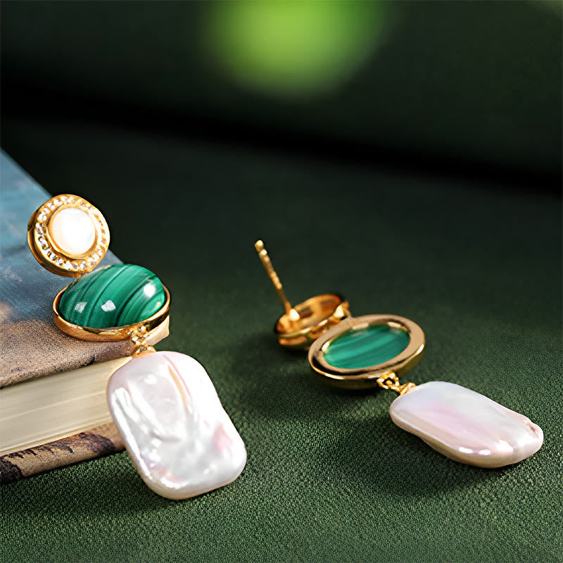 Orecchini pendenti Buddha Stones in argento sterling 925 con perle barocche naturali e malachite, saggezza curativa
