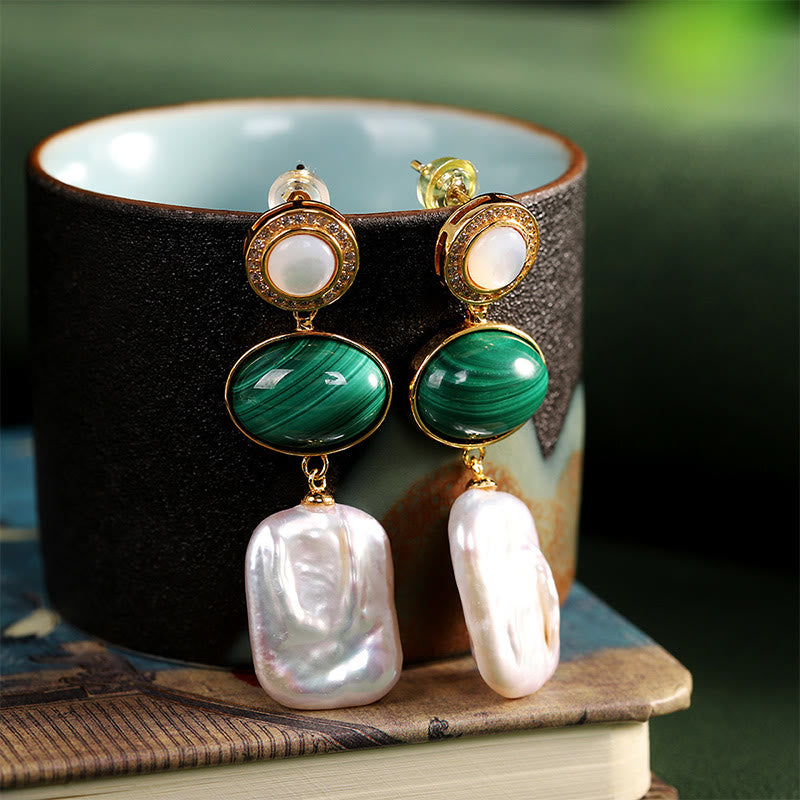 Orecchini pendenti Buddha Stones in argento sterling 925 con perle barocche naturali e malachite, saggezza curativa
