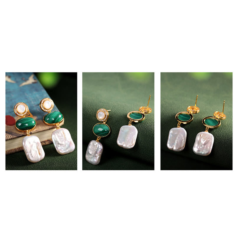 Orecchini pendenti Buddha Stones in argento sterling 925 con perle barocche naturali e malachite, saggezza curativa
