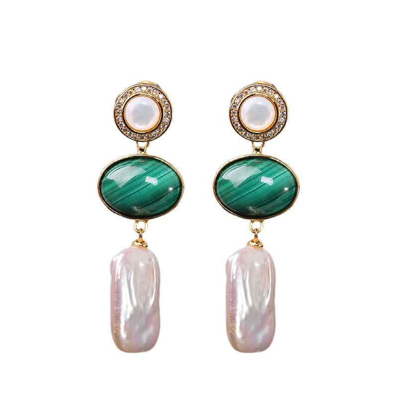 Orecchini pendenti Buddha Stones in argento sterling 925 con perle barocche naturali e malachite, saggezza curativa