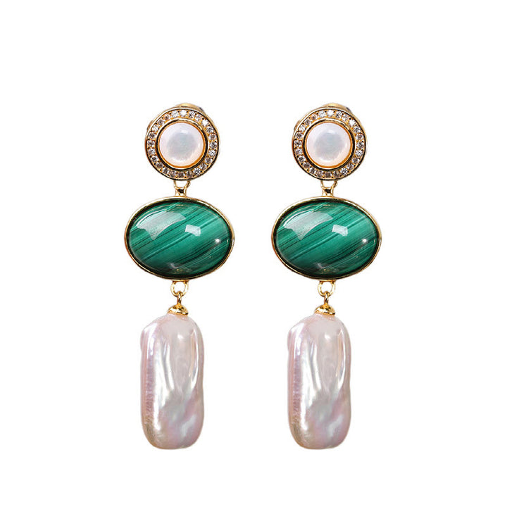 Orecchini pendenti Buddha Stones in argento sterling 925 con perle barocche naturali e malachite, saggezza curativa