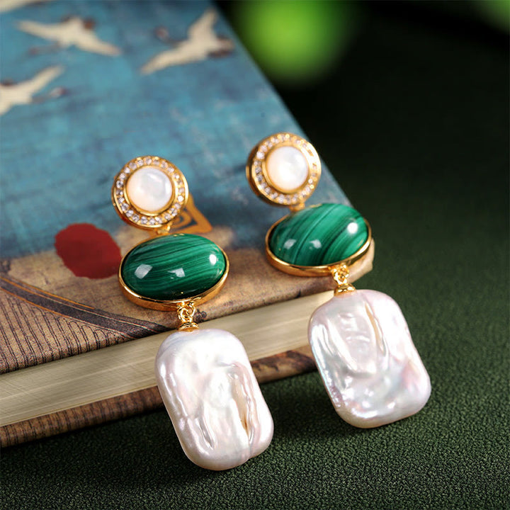 Orecchini pendenti Buddha Stones in argento sterling 925 con perle barocche naturali e malachite, saggezza curativa