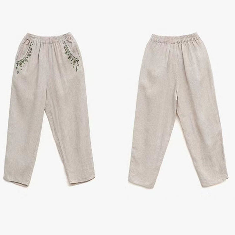 Pantaloni harem Capri con elastico in vita e tasche, ricamo vintage con Buddha Stones - image 24