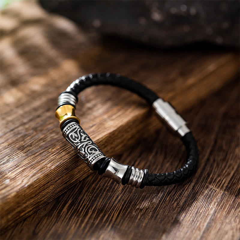 Bracciale in pelle con fibbia in acciaio inossidabile con design floreale della dinastia Tang Buddha Stones