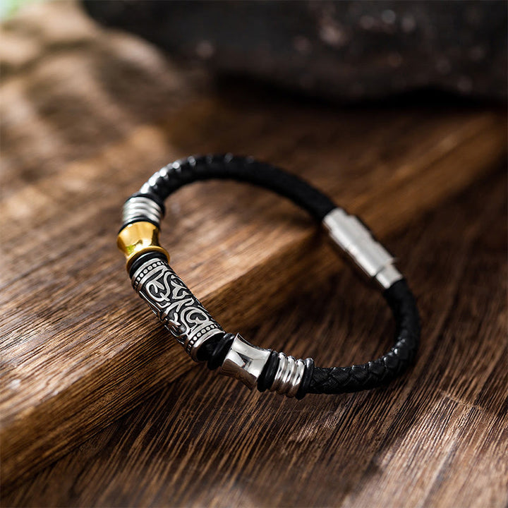 Bracciale in pelle con fibbia in acciaio inossidabile con design floreale della dinastia Tang Buddha Stones