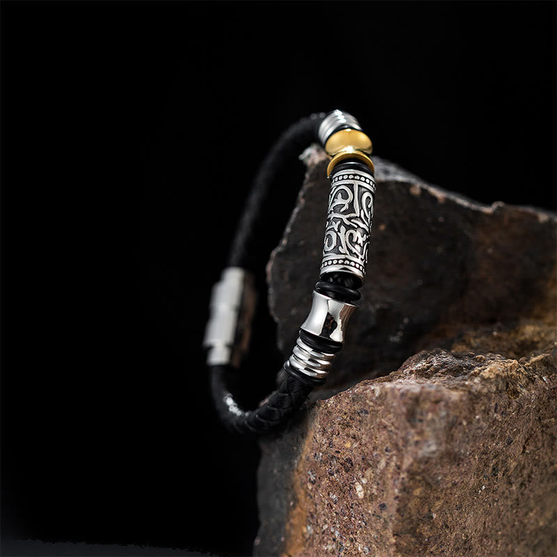 Bracciale in pelle con fibbia in acciaio inossidabile con design floreale della dinastia Tang Buddha Stones
