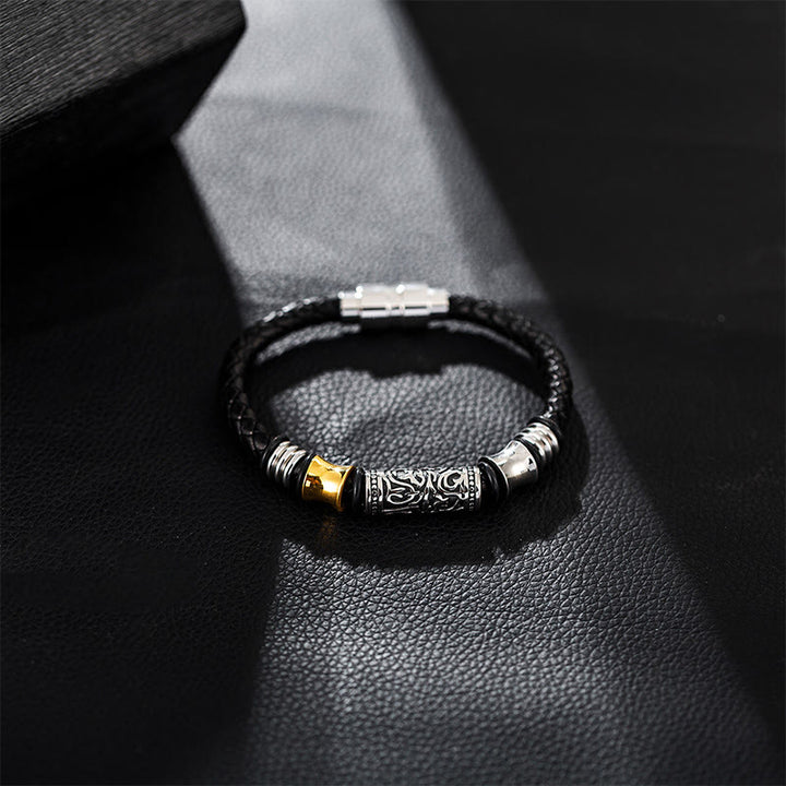 Bracciale in pelle con fibbia in acciaio inossidabile con design floreale della dinastia Tang Buddha Stones
